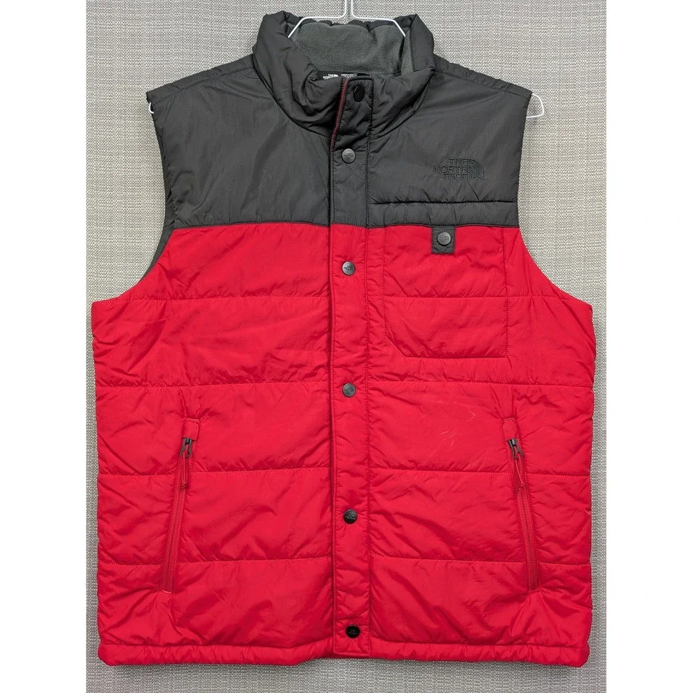 North Face Vest Mens Medium Red Black Quilted Snap Puffer Insulated Outdoor